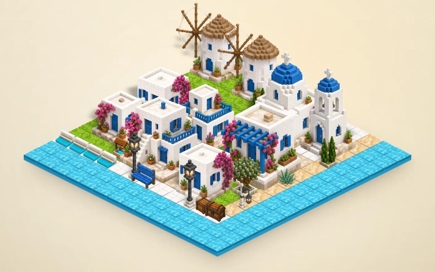 The blue-dome harbor island with windmills and a sea wall