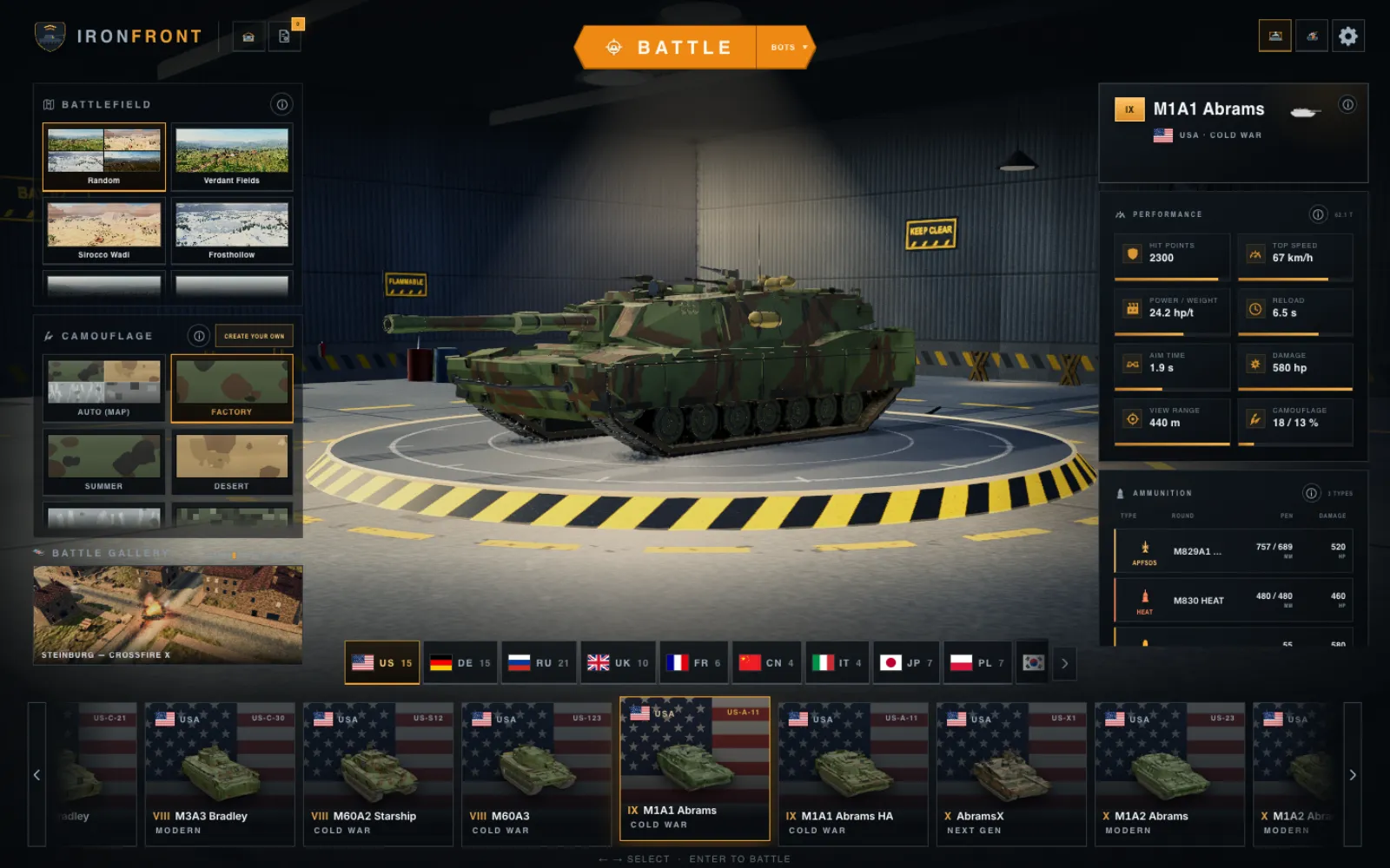 An M1A1 in the garage with its stat panels
